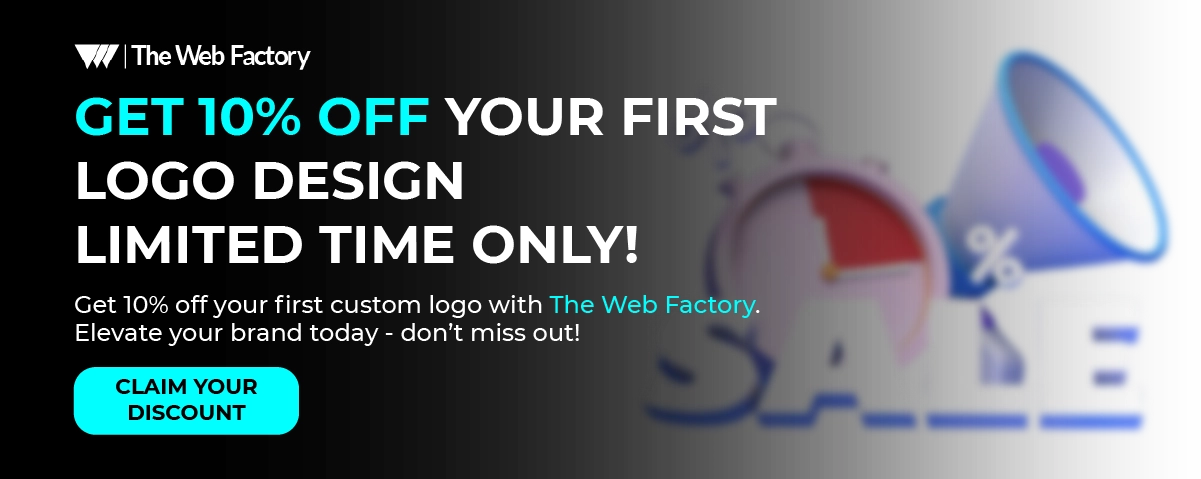 A vibrant "10% Off" promotional banner with a creative logo in the background.