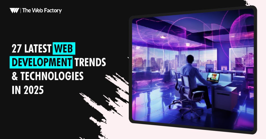 Illustration of futuristic web development trends for 2025 including AI, biometrics, and JAMstack concepts