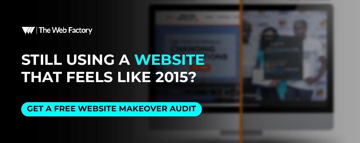 Split-screen showing outdated website UI on one side and a sleek, modern website redesign on the other.